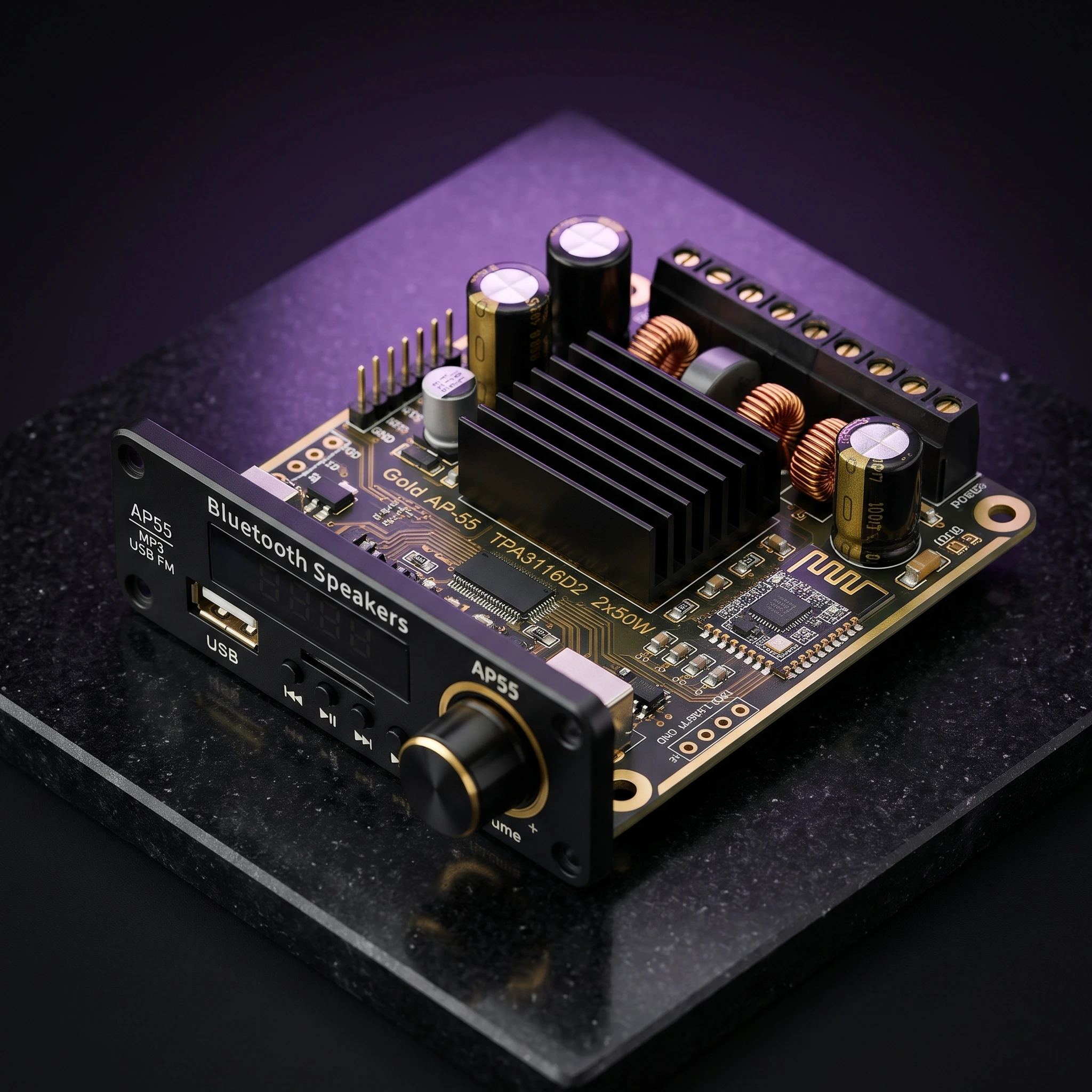 Gold AP-55 TPA3116D2 2×50W Bluetooth Stereo Digital Amplifier Board with USB, TF Card, FM & Remote — Display & Communication